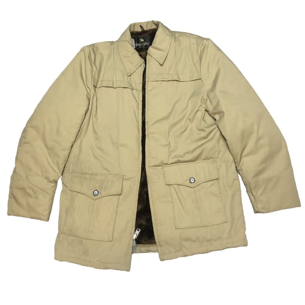 VTG Golden Fleece Khaki Wool Pea Coat Fur Interior USA - Size 46 Tall